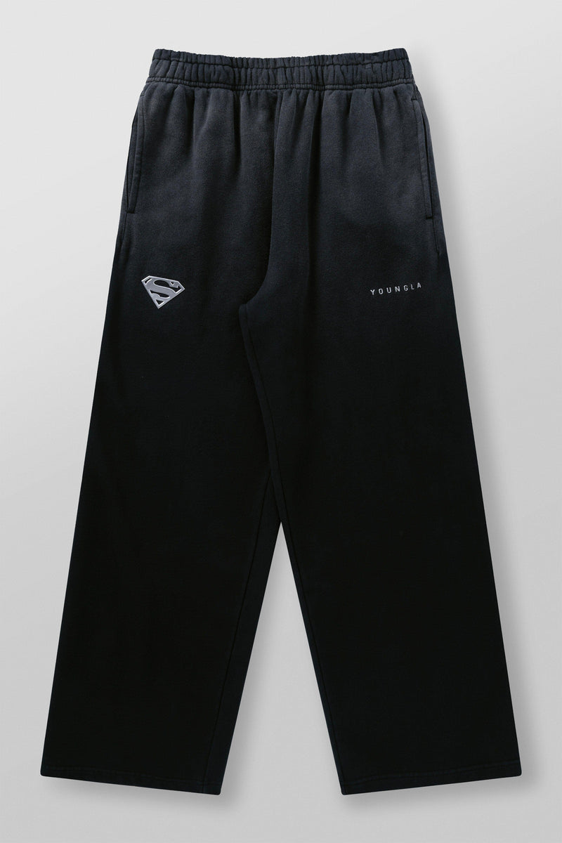 2032 - Superman Sweats - Man of Steel sweatpants from Superman x YoungLA collaboration, acid-wash design, YoungLA chrome logo on left leg, Superman logo on right, baggy fit for comfortable everyday wear in Black Wash
