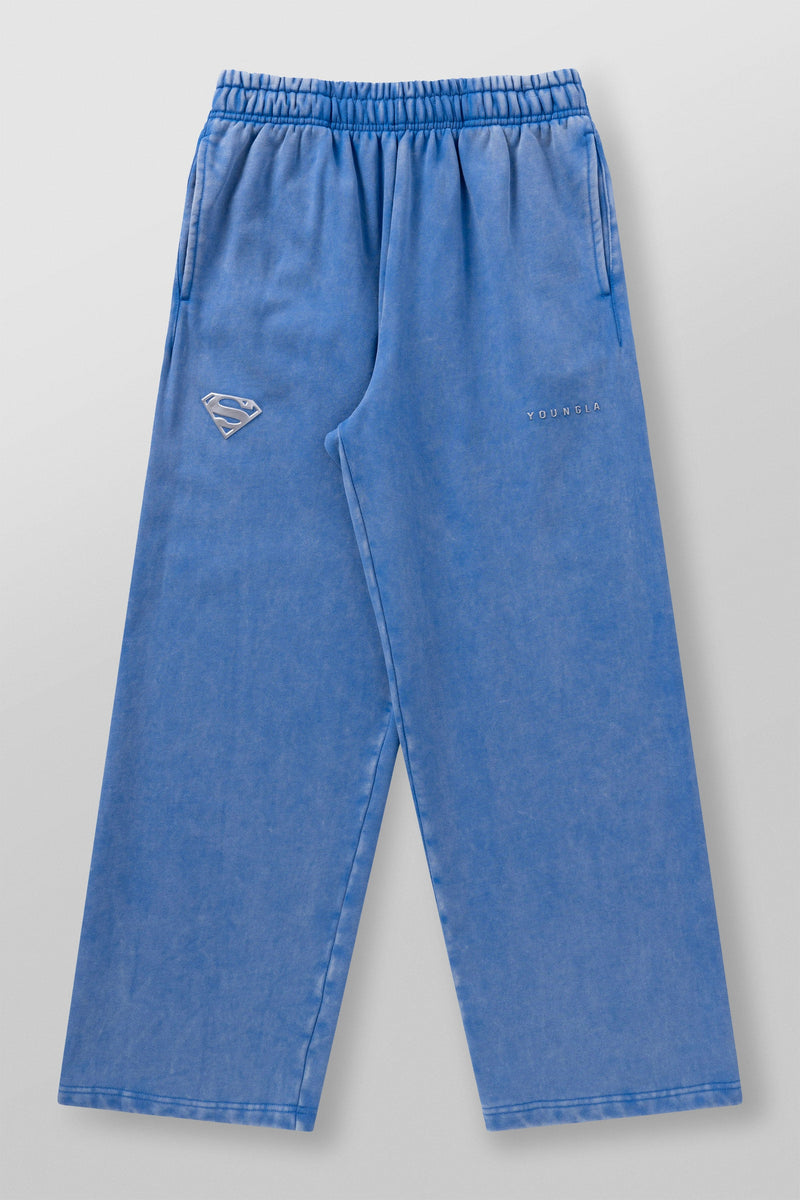 2032 - Superman Sweats - Man of Steel sweatpants from Superman x YoungLA collaboration, acid-wash design, YoungLA chrome logo on left leg, Superman logo on right, baggy fit for comfortable everyday wear in Blue Wash