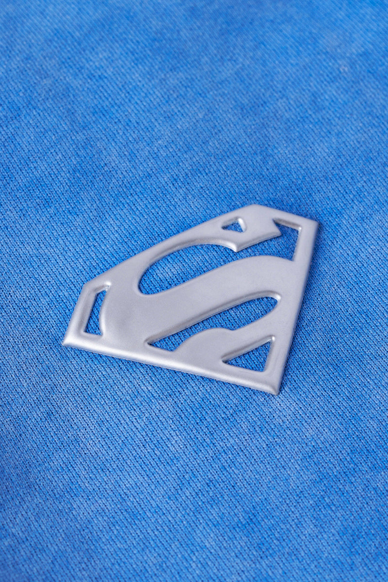 2032 - Superman Sweats - Man of Steel sweatpants from Superman x YoungLA collaboration, acid-wash design, YoungLA chrome logo on left leg, Superman logo on right, baggy fit for comfortable everyday wear in Blue Wash