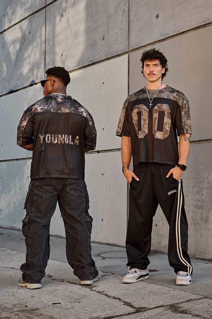 4237 - Double-Zero Jersey- Lightweight mesh jersey with retro sports design, double-zero numbers, and bold YOUNGLA branding on front and back, breathable and comfortable for all-day wear in Black