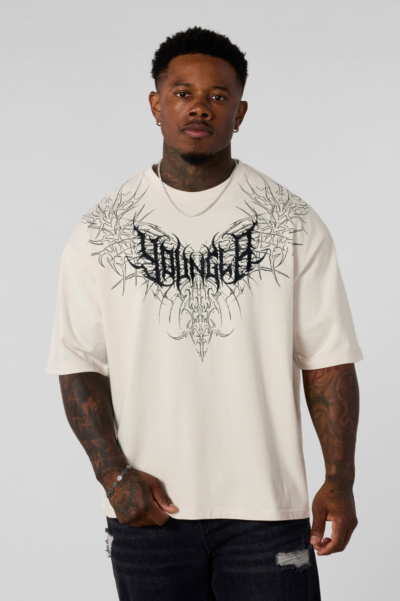 4149 - Gothic Tees- Oversized tee with bold gothic-inspired graphics on the back, structured yet comfortable, offering a sharp, wearable edge and statement-making style in Off White