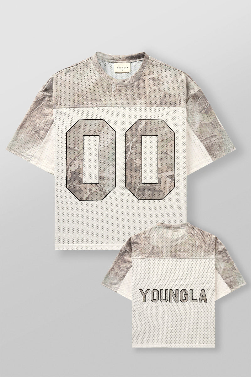 4237 - Double-Zero Jersey- Lightweight mesh jersey with retro sports design, double-zero numbers, and bold YOUNGLA branding on front and back, breathable and comfortable for all-day wear in Desert