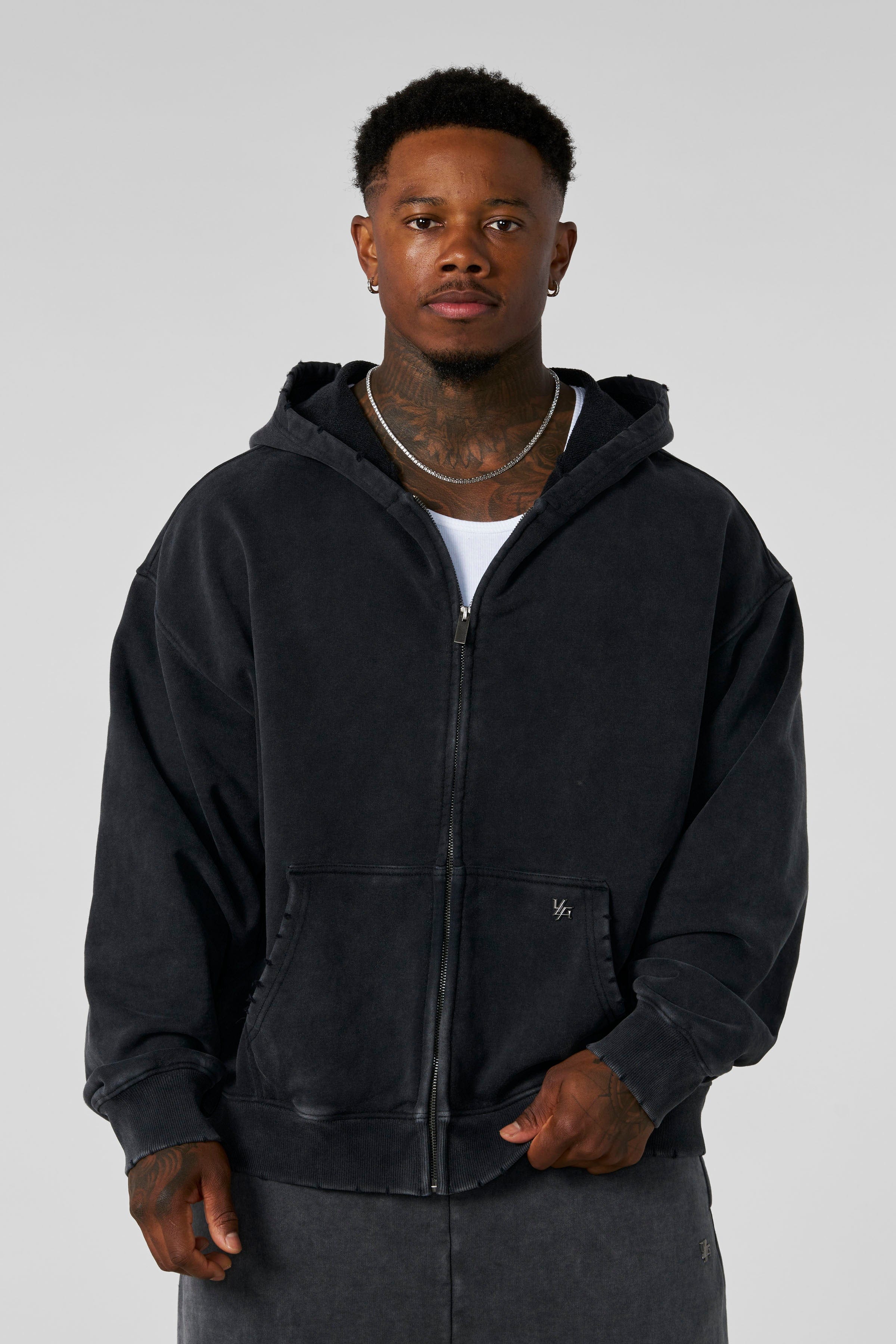 5102 - Elevated Essentials - Zip-Ups - Full-zip heavyweight terry cotton hoodie with front pockets, ribbed finishes, smooth zipper, and minimal 'Elevated' print in colour Black Wash.