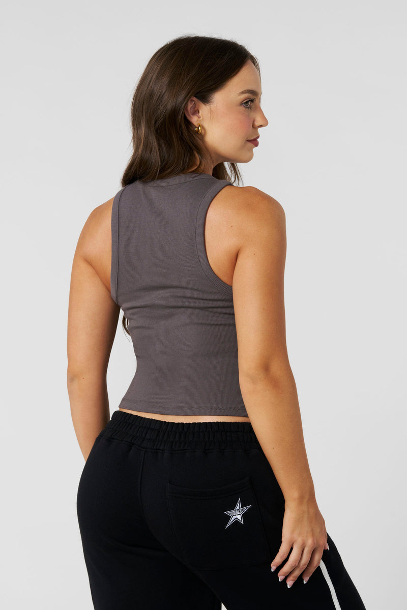 W485 - Streak Tank top - Fitted Midi Tank — a sleek, body-hugging tank with oversized joggers for a minimal, elevated fall look in colour Dark Grey.