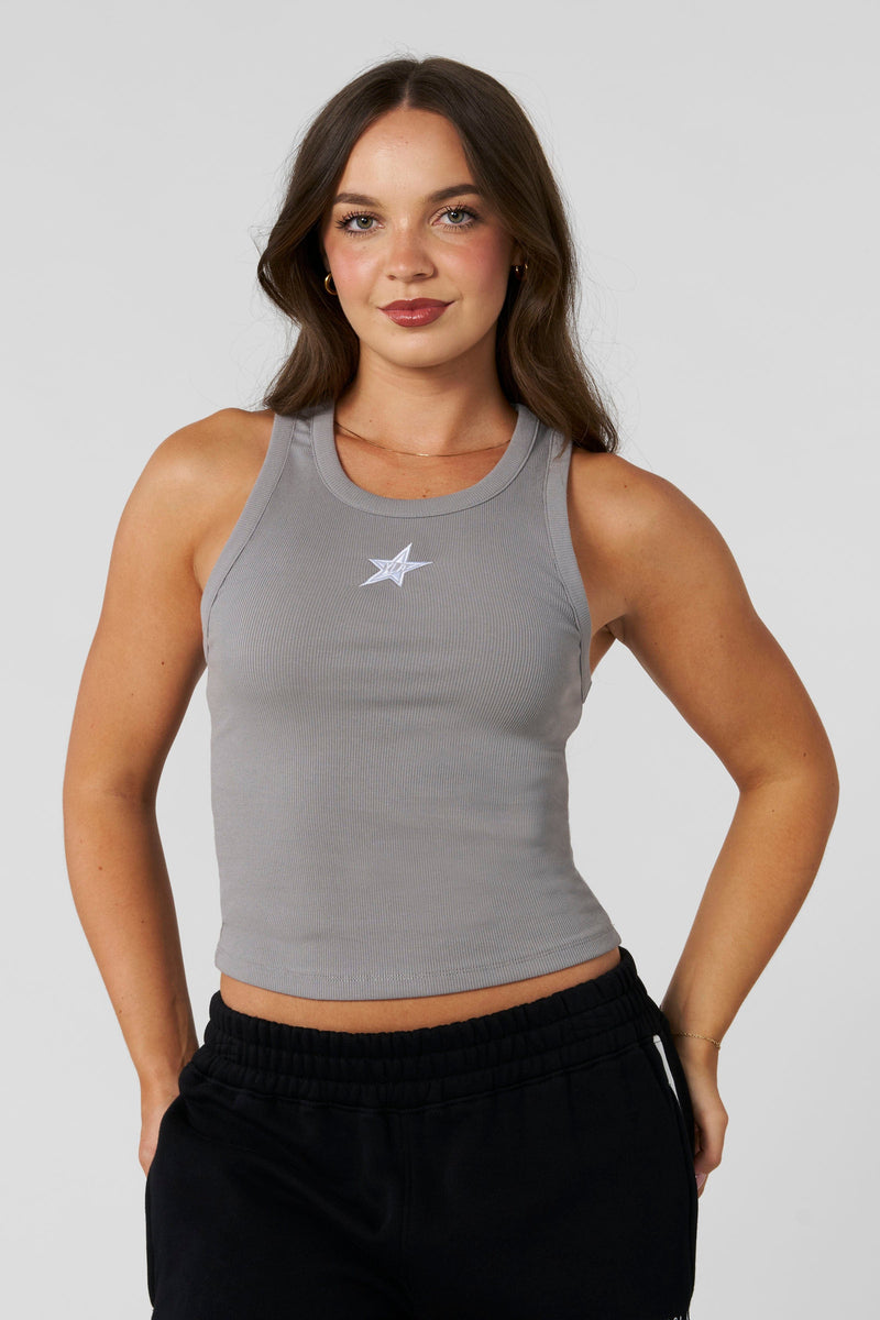 W485 - Streak Tank top - Fitted Midi Tank — a sleek, body-hugging tank with oversized joggers for a minimal, elevated fall look in colour Grey.