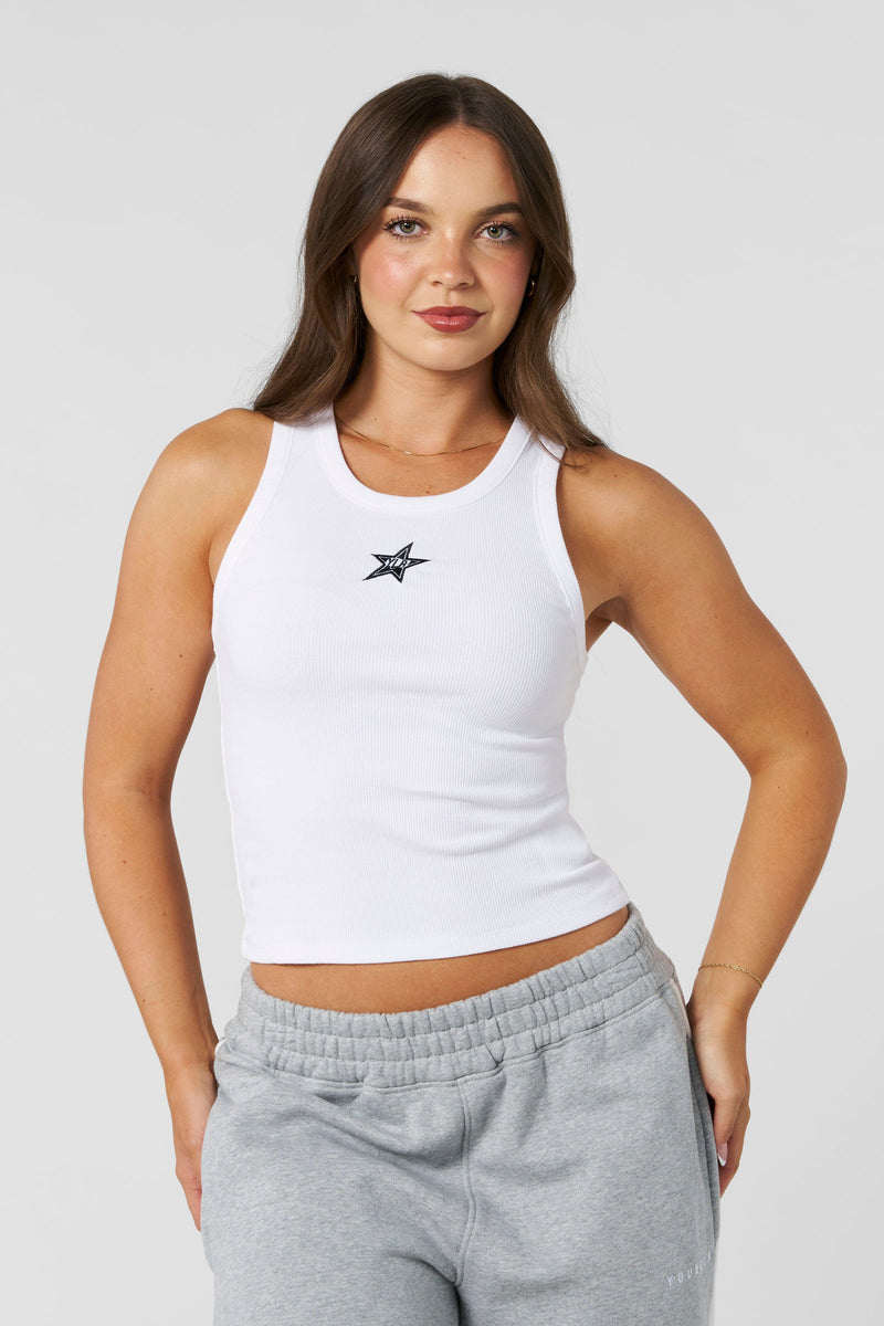 W485 - Streak Tank top - Fitted Midi Tank — a sleek, body-hugging tank with oversized joggers for a minimal, elevated fall look in colour White.