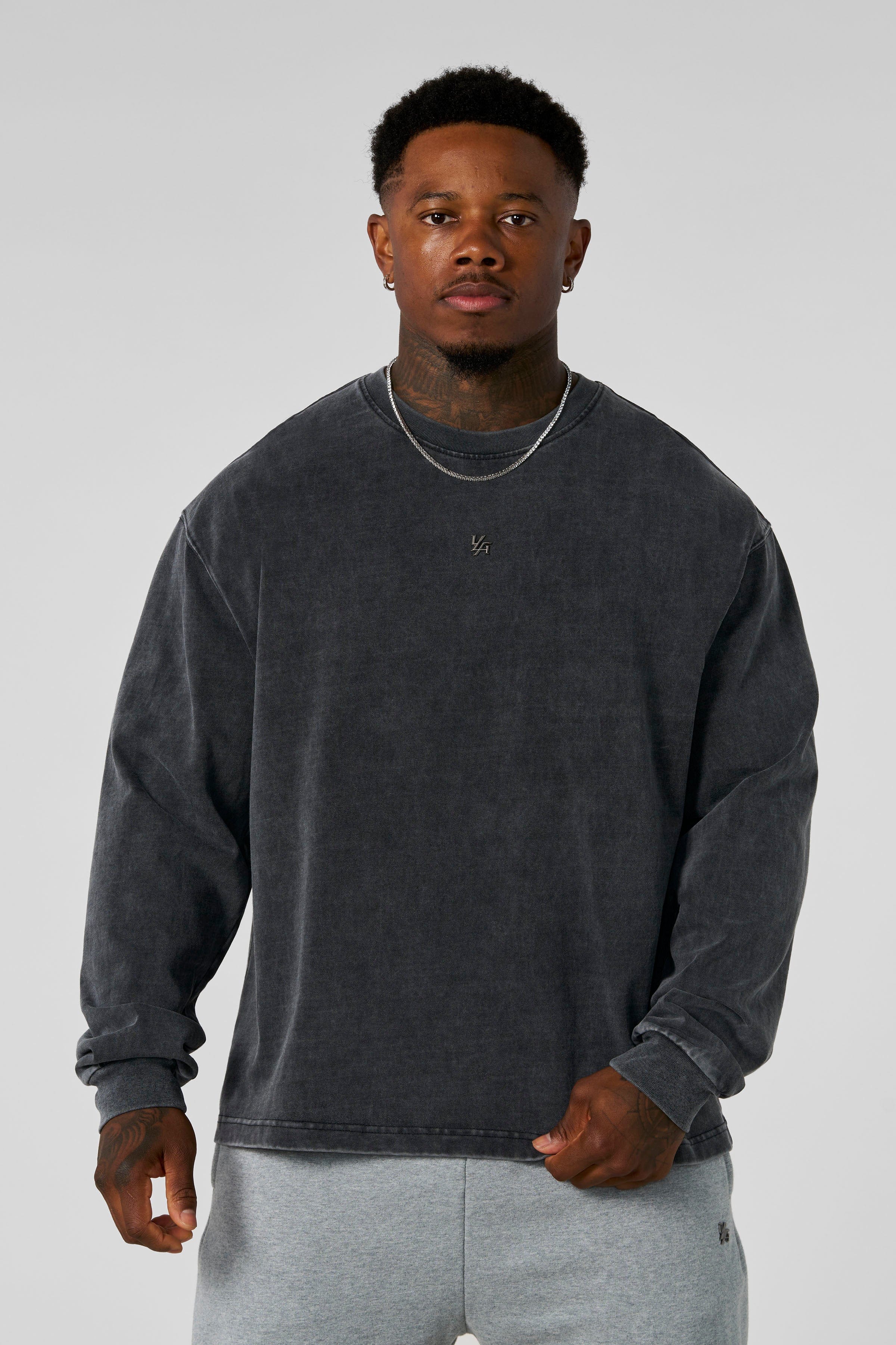 8001 - Elevated Essentials - Longsleeves -  Midweight cotton long sleeve with ribbed cuffs and minimal 'Elevated' branding. Durable, comfortable, and perfect for year-round wear in Grey Wash.