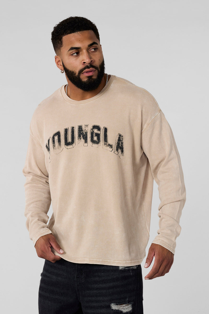 8054 - Thin Thermal Longsleeves-Lightweight thermal top with soft, breathable knit, relaxed fit, and flexible feel, perfect for layering or wearing solo in cool weather in Tan Wash