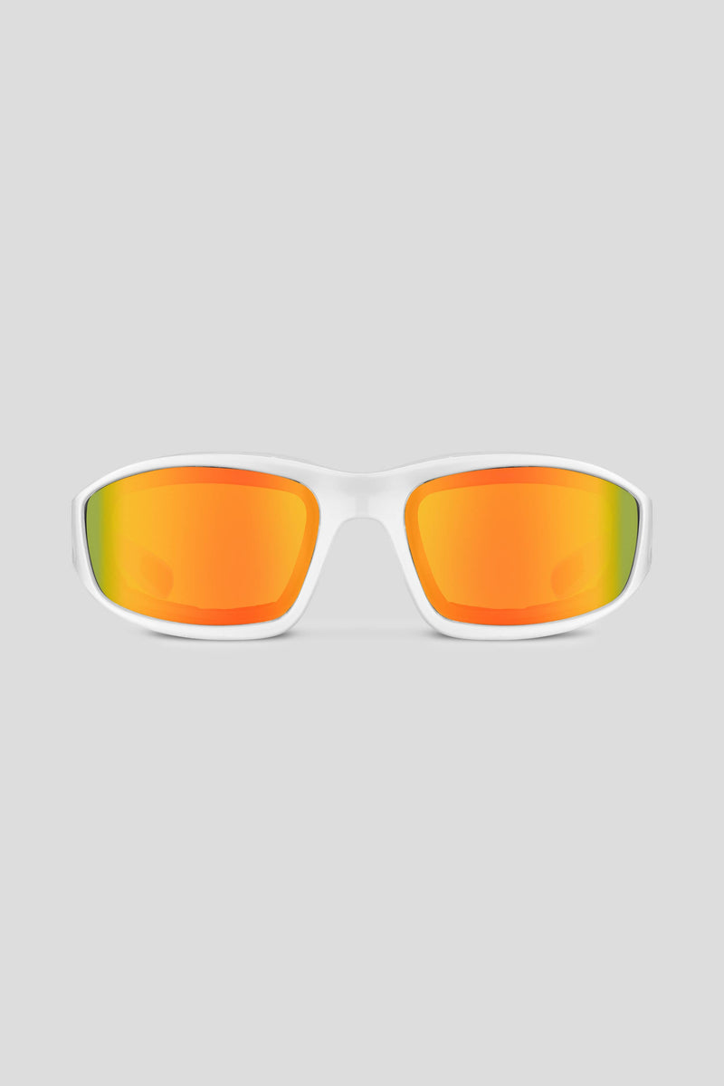 Wraparound sport sunglasses with wide lenses, created with the Tren Twins.
