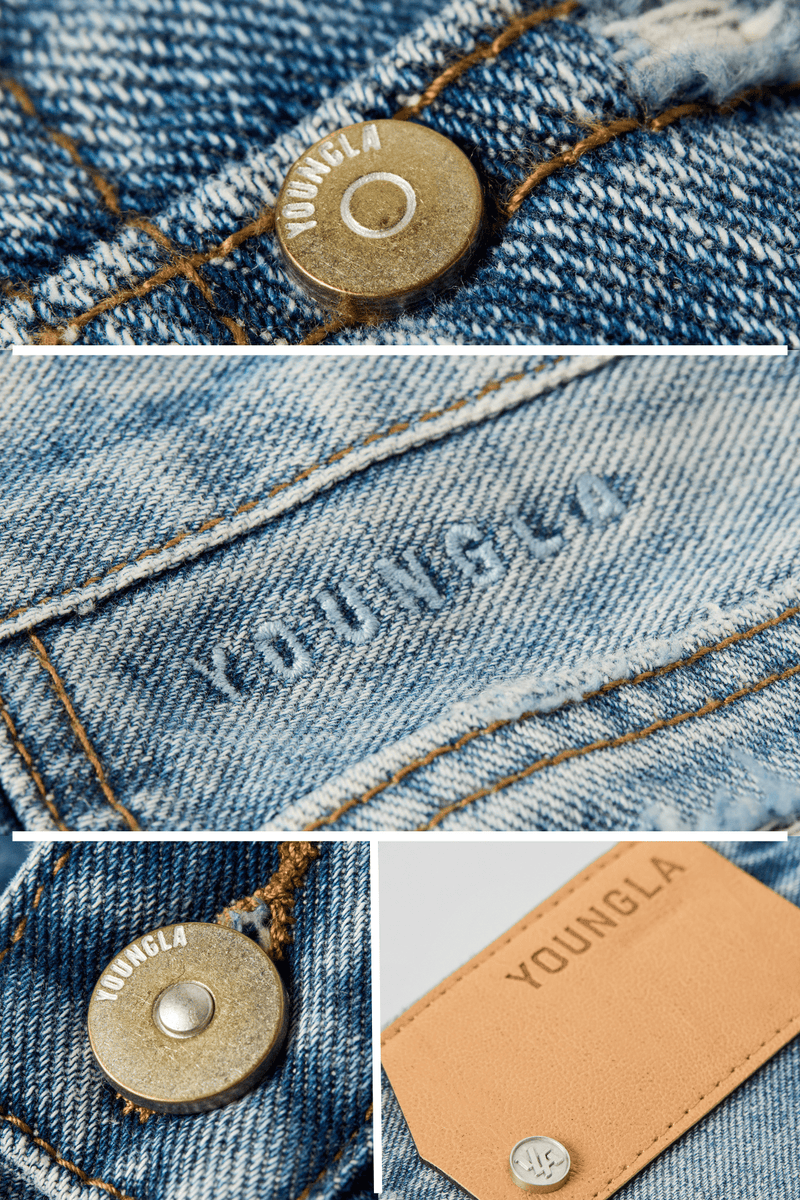 6025 - Straight Fit Ripped Jeans- Straight-leg jeans made from heavy 415 GSM cotton, structured yet softening over time, featuring minimal detailing for a vintage-inspired, timeless look in Blue Wash.