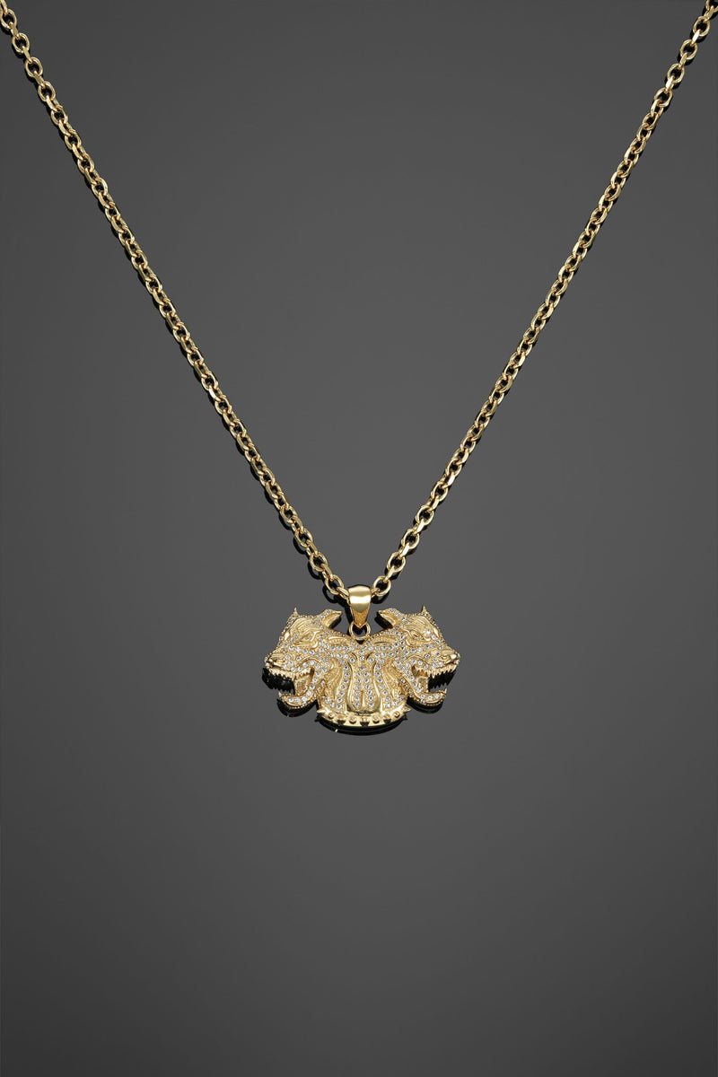 9102 Gold Twinsignia Pendant with two pitbulls, a 24-inch chain, and a 27 × 43 mm pendant.
