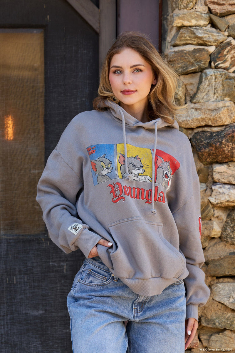 W528 Tom & Jerry Oversized Hoodie - Ultra-soft, washed tee with exclusive graphics for a unique, lived-in look. Perfect for lounging or layering with effortless style in Charcoal.