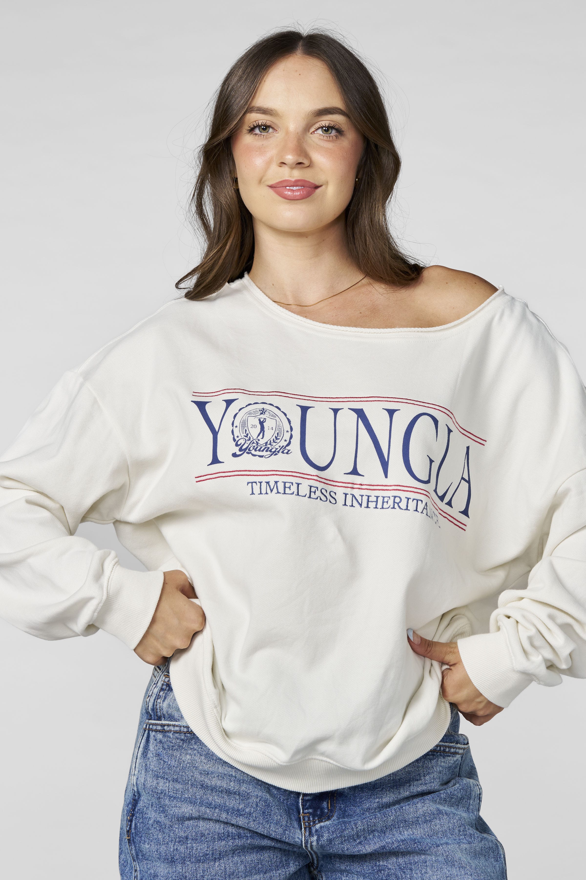 トレーナー/スウェット VINTAGE LIKE OFF SHOULDER SWEAT JUMELLE（ジュメロ） トレーナー スウェット zip off shoulder sweat