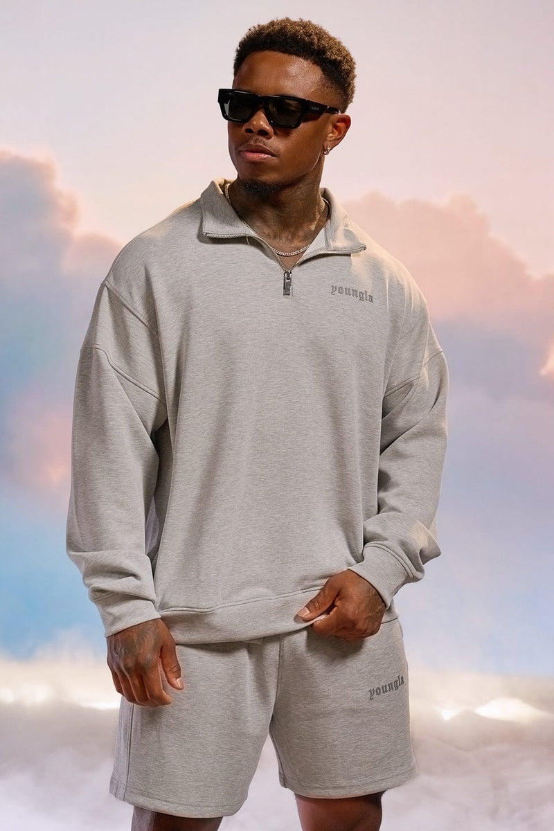 8065 - Soft AF Quarter Zips - lightweight, flexible, stand-up collar, smooth zipper, tailored fit for workouts, layering, or casual wear in Heather Grey.