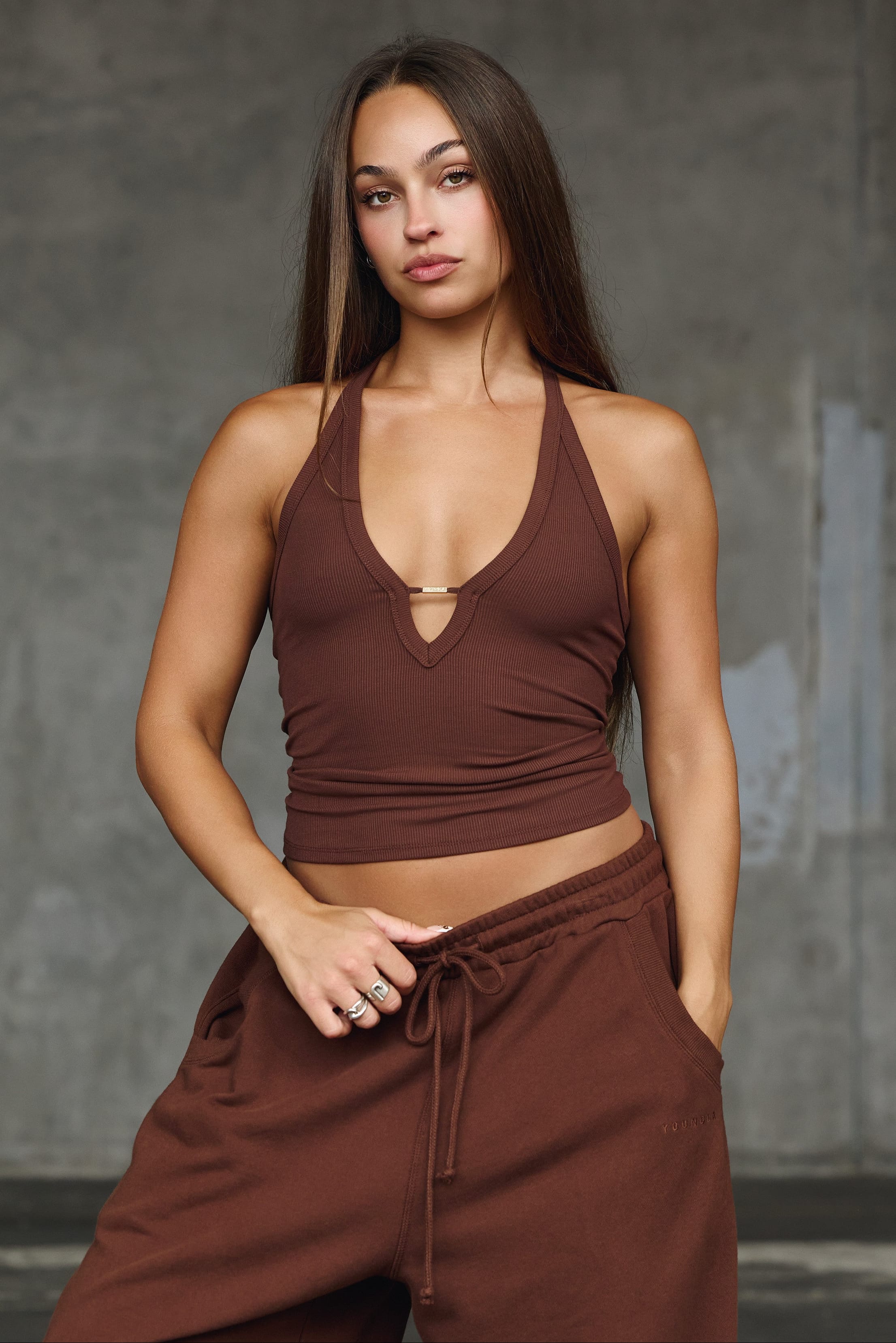 SUKALA Bicolor Flare Tank Top ブラウン W4298 Ribbed Plunge Tank