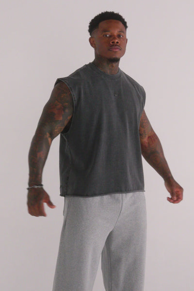 3035 - Elevated Essentials - Cut Offs - Relaxed fleece cut offs with raw-edge hems, lightweight premium cotton, small 'Elevated' logo.