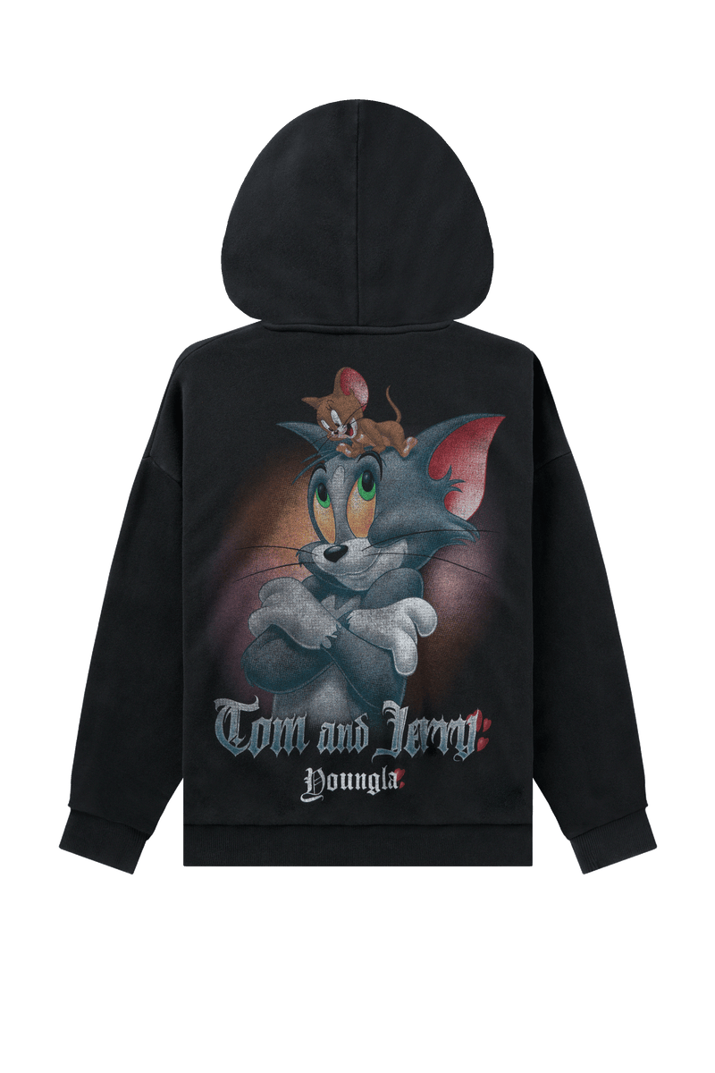 W528 Tom & Jerry Oversized Hoodie - Ultra-soft, washed tee with exclusive graphics for a unique, lived-in look. Perfect for lounging or layering with effortless style in Black/Grey.