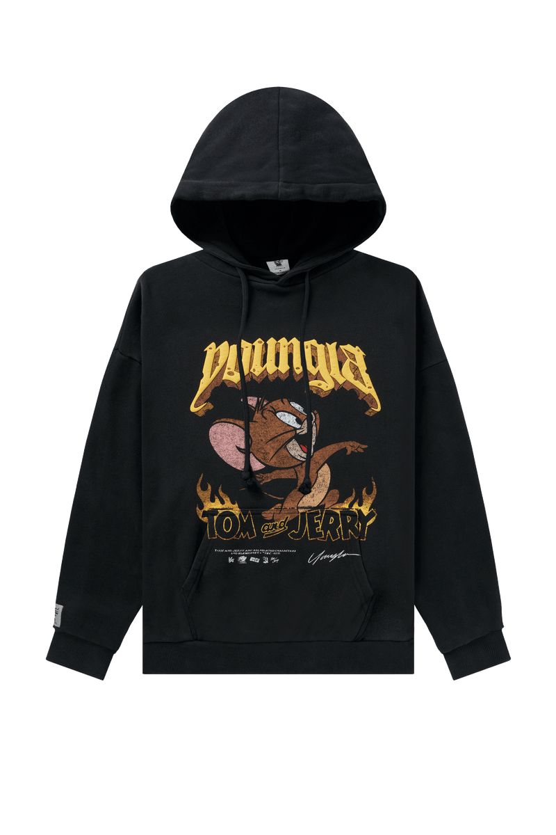 W528 Tom & Jerry Oversized Hoodie - Ultra-soft, washed tee with exclusive graphics for a unique, lived-in look. Perfect for lounging or layering with effortless style in Black/Yellow.