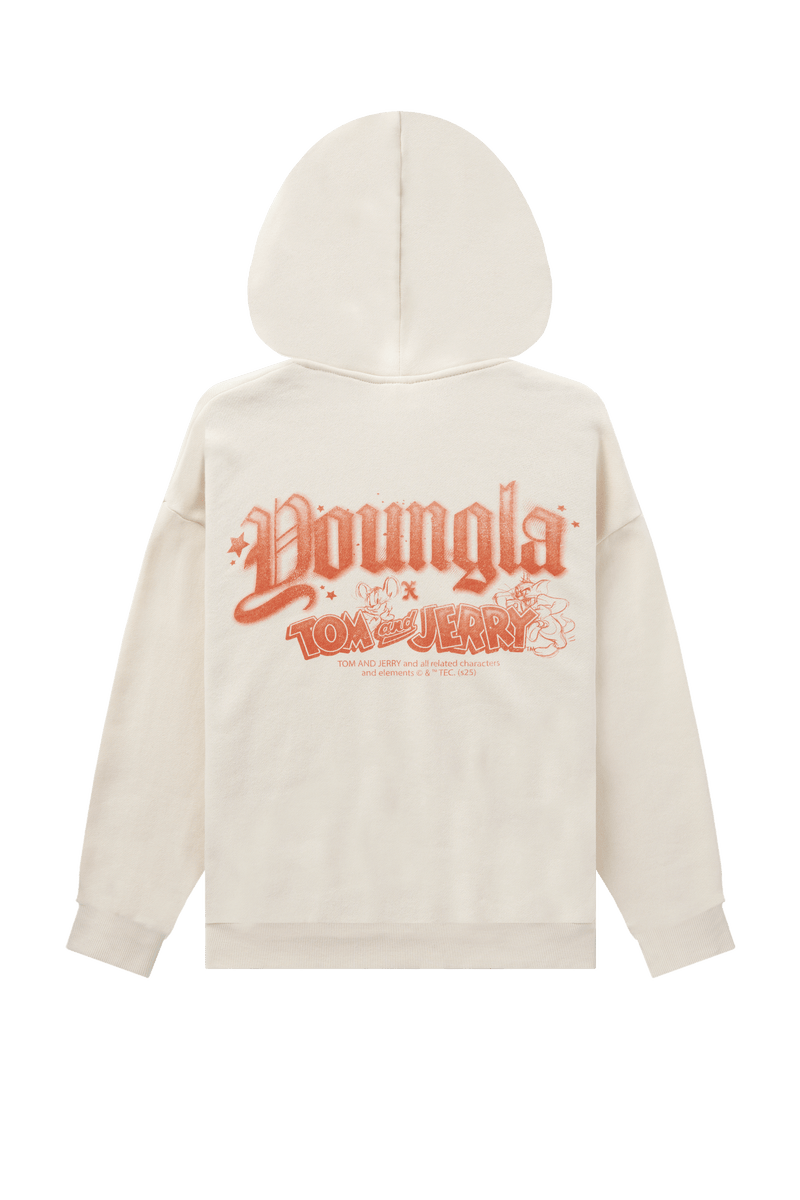 W528 Tom & Jerry Oversized Hoodie - Ultra-soft, washed tee with exclusive graphics for a unique, lived-in look. Perfect for lounging or layering with effortless style in Cream.