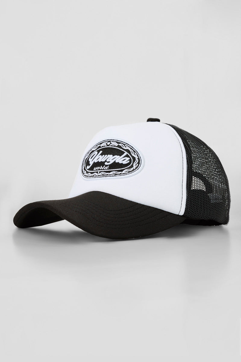 W636 Flashback Trucker Hat- Breathable mesh panels, embroidered patch logo, and adjustable snapback closure for a stylish, customizable fit in Black