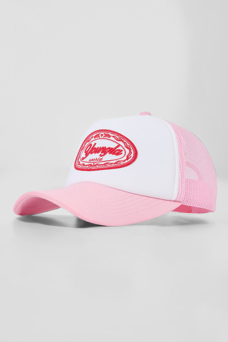 W636 Flashback Trucker Hat- Breathable mesh panels, embroidered patch logo, and adjustable snapback closure for a stylish, customizable fit in Light Pink